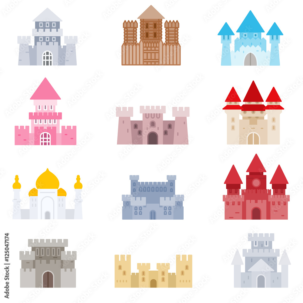 castles icons set. medieval castles, flat design. old buildings, symbols collection. castles of different forms, isolated vector illustration