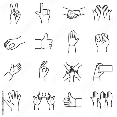 gestures icons set. hand gestures, thin line design. hand in a different position, linear symbols collection. isolated vector illustration.