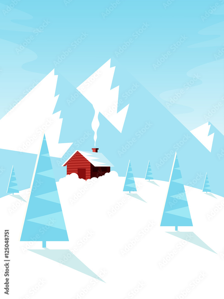 Winter landscape with mountains, cottage and pine tree. Flat design style.