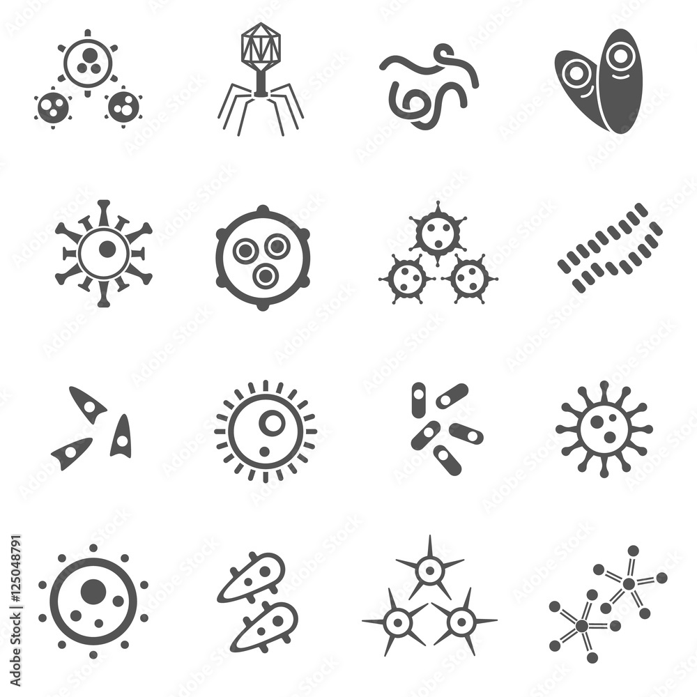 viruses and bacteria icons set. microorganisms, simple symbols collection. isolated vector monochrome illustration.
