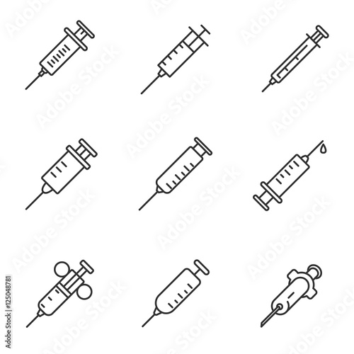 syringe icons set, thin line design. Medical syringes of different forms, linear symbols collection. isolated vector illustration. photo