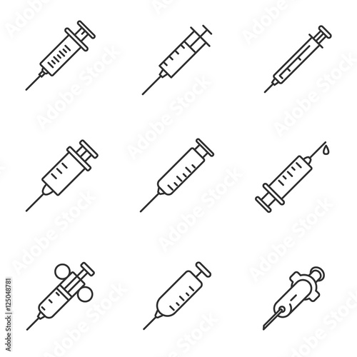 syringe icons set, thin line design. Medical syringes of different forms, linear symbols collection. isolated vector illustration.
