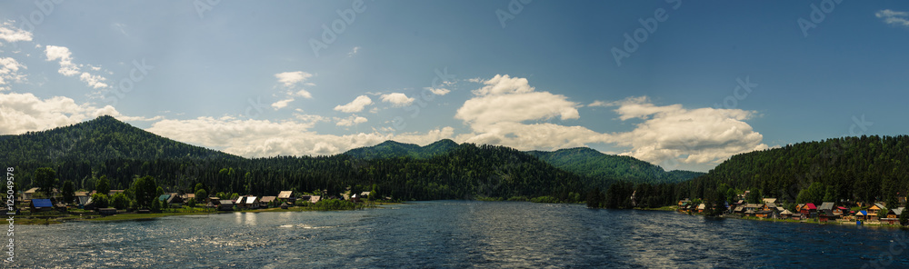 Panorama views on the Biya River estuary in the Altay Mountains near Lake Teletskoye