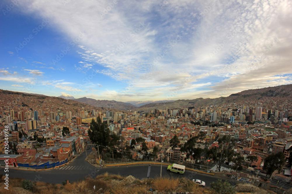 Panorama of La Paz, Bolivia, Illimani mountain in the Background