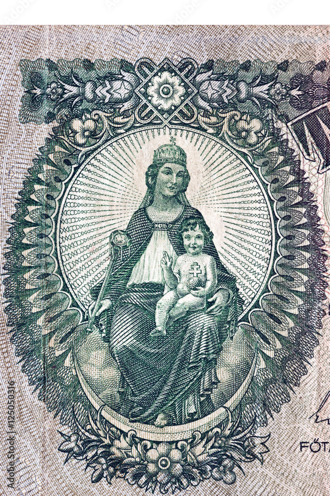 Mother of God for the image of an old Hungarian banknotes, macro