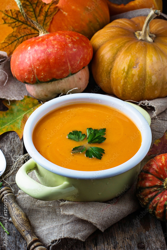 Vegetarian pumpkin soup in pan Vegetarian pumpkin soup in pan