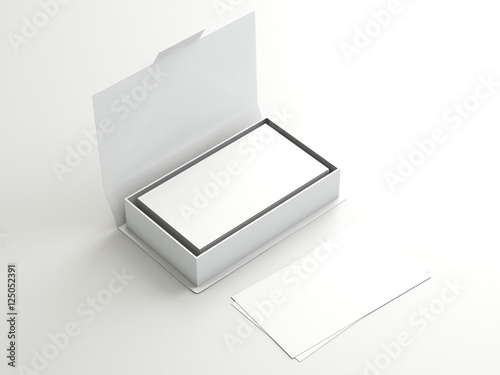 White contact business cards in the open white cardboard box. Clean mockup template with free copy space for design or advertising. On light effect white background. 3d illustration