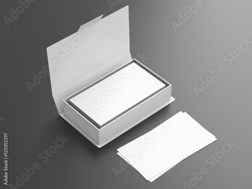 White contact business cards in the open white cardboard box. Clean mockup template with free copy space for design or advertising. On black and gray background with reflaction. 3d illustration