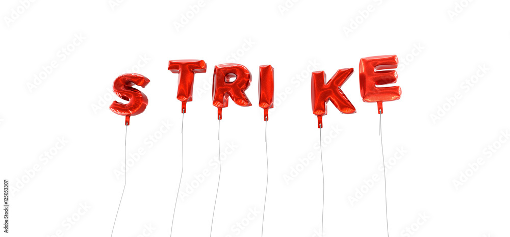 STRIKE - word made from red foil balloons - 3D rendered. Can be used for an online banner ad or a print postcard. STRIKE - word made from red foil balloons - 3D rendered. Can be used for an online banner ad or a print postcard.