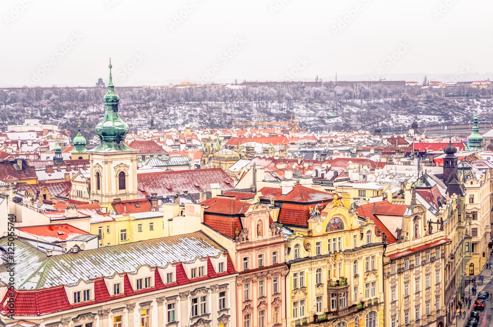 Aerial view of Prague in winter