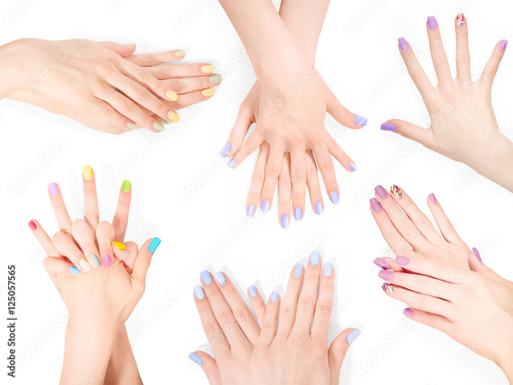 Bundle of hands with shellac art manicure