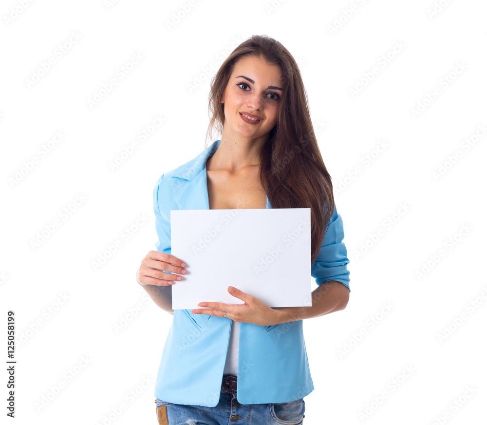 Woman holding white sheet of paper Woman holding white sheet of paper