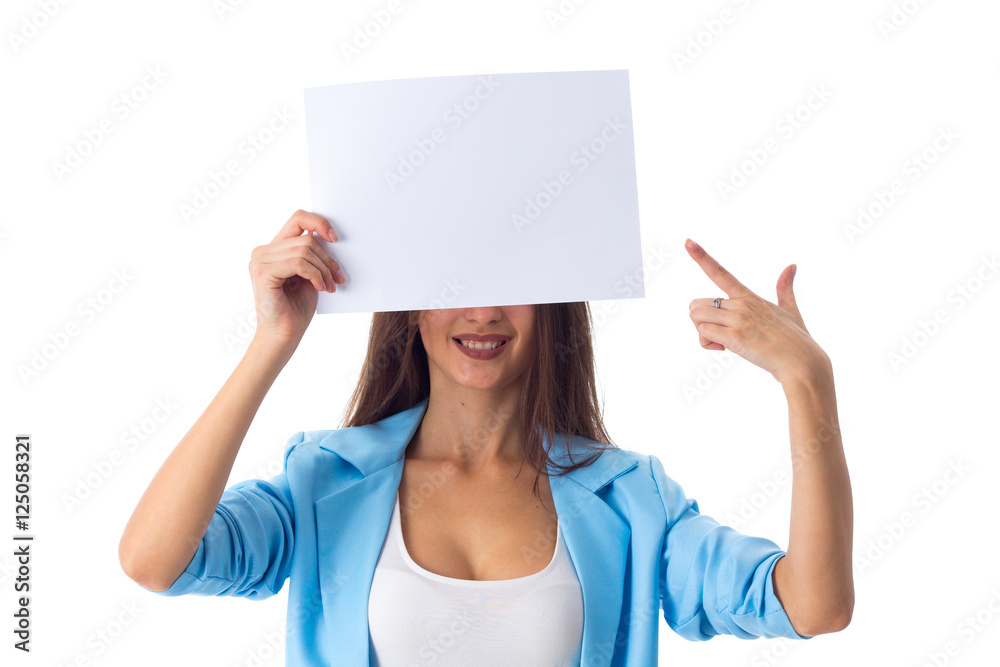 Woman holding white sheet of paper Woman holding white sheet of paper