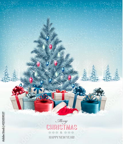 Christmas tree with presents background. Vector.