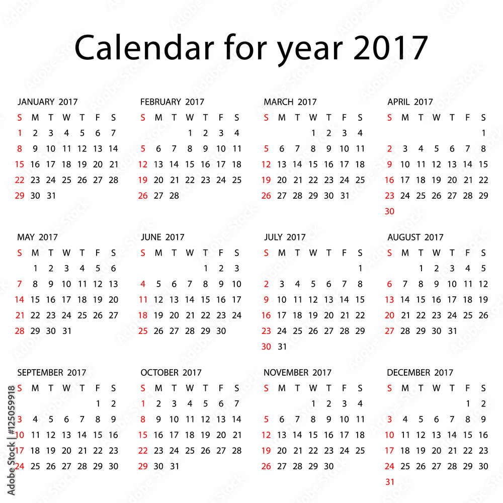 Simple 2017 Calendar - week starts with Sunday, isolated on white background, vector illustration. Simple 2017 Calendar - week starts with Sunday, isolated on white background, vector illustration.
