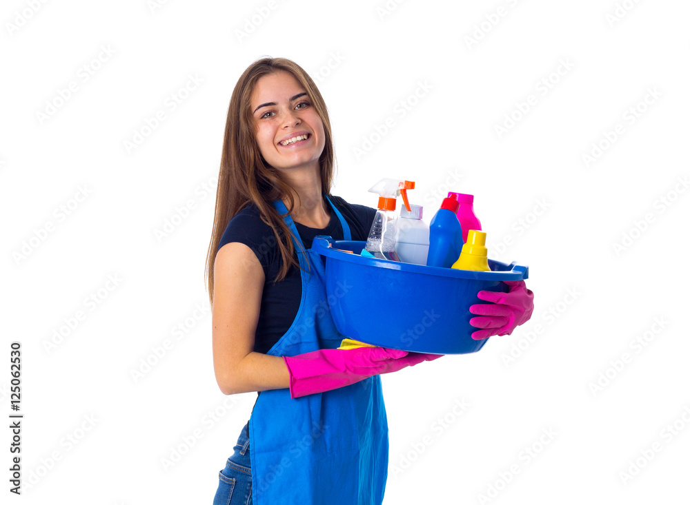Woman holding cleaning things in washbowl Woman holding cleaning things in washbowl