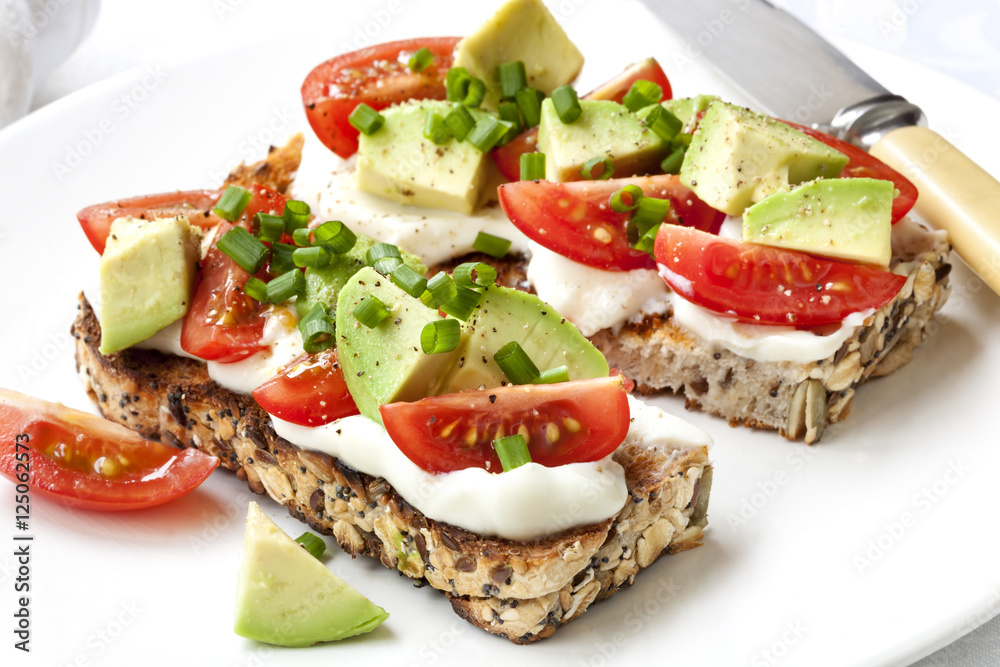Avocado Cream Cheese and Tomatoes on Wholewheat Toast Avocado Cream Cheese and Tomatoes on Wholewheat Toast