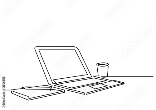 continuous line drawing of desk laptop computer pen