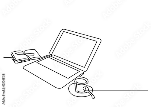 continuous line drawing of laptop computer coffee