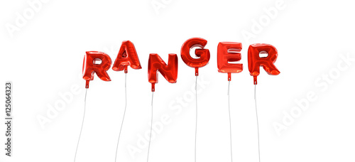 RANGER - word made from red foil balloons - 3D rendered. Can be used for an online banner ad or a print postcard.