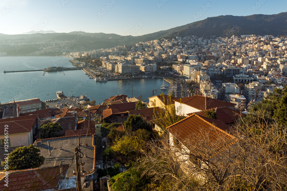 Amazing Panorama to old town and port of Kavala, East Macedonia and Thrace, Greece