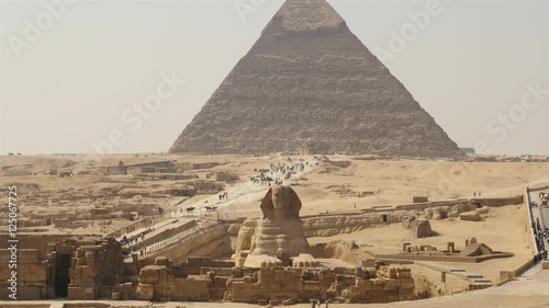 Pan Up -  Great Pyramids & Sphinx Daytime at Giza - Egypt