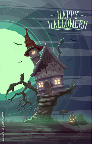 Spooky old house of witch on the tree. Happy Halloween cardposter. Vector illustration photo