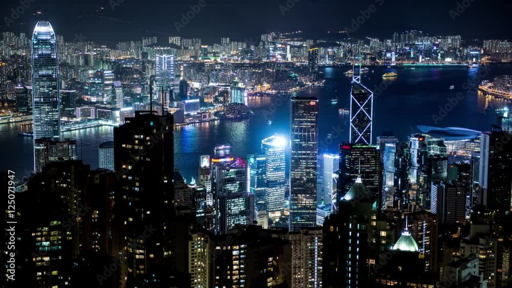 Time Lapse  of Busy Hong Kong Harbor at Night