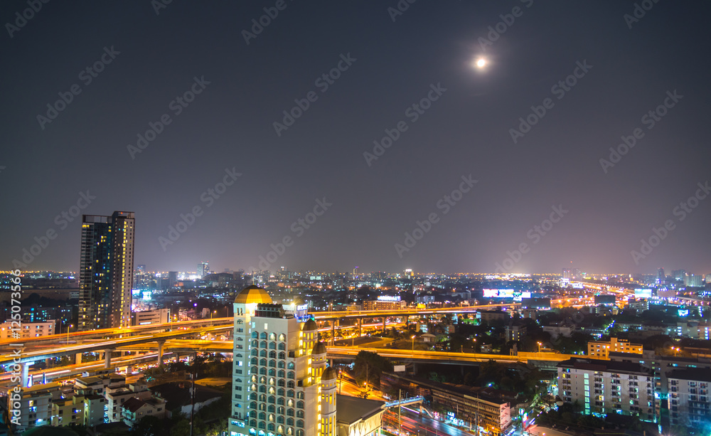 a view over the big asian city of Bangkok , Thailand at nighttim