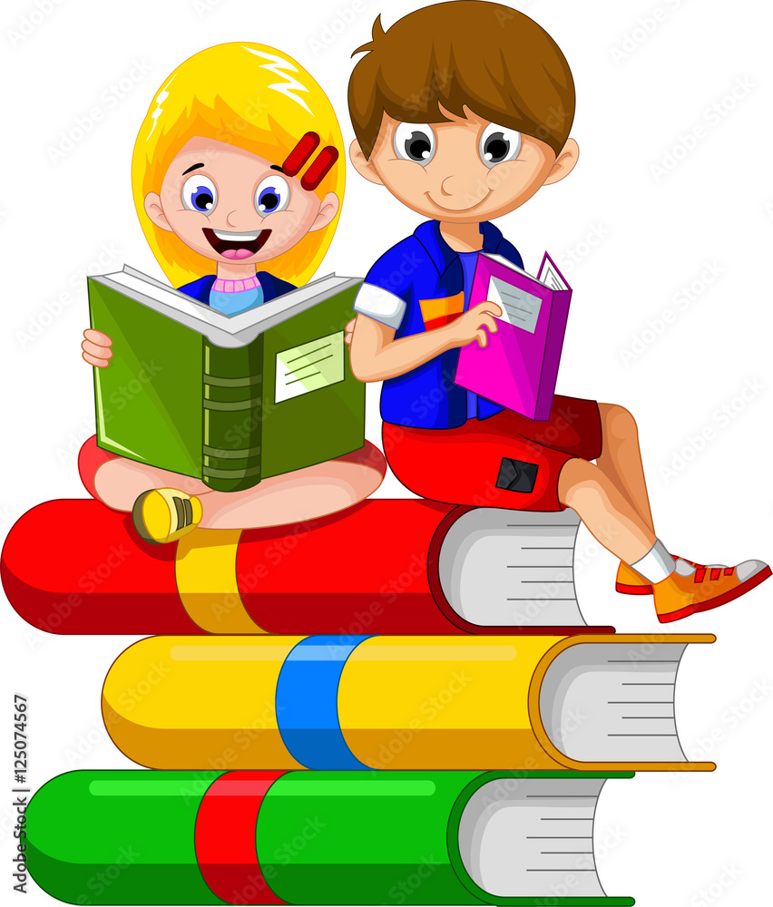 couple child cartoon reading book for you design Stock Photo | Adobe Stock