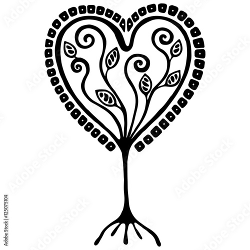 Vector hand drawn illustration, decorative ornamental stylized tree. Black and white graphic illustration isolated on the white background. Inc drawing silhouette. Decorative artistic ornamental wood