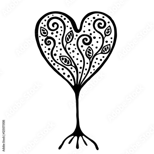 Vector hand drawn illustration, decorative ornamental stylized tree. Black and white graphic illustration isolated on the white background. Inc drawing silhouette. Decorative artistic ornamental wood