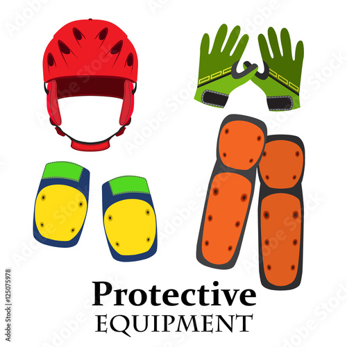 Protection equipment for bike, gear for bicycle in flat style. Helmet, knee pads, elbow pads, gloves in bright trendy colors.