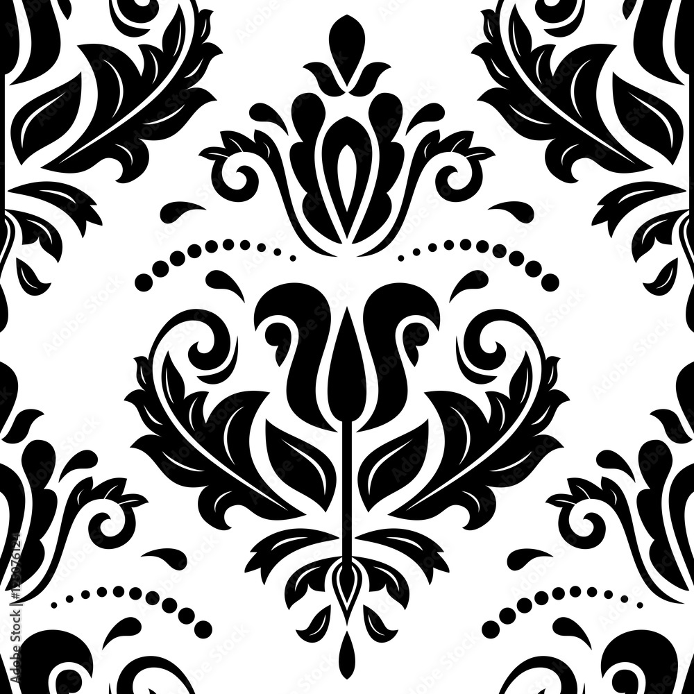 Seamless oriental pattern in the style of baroque. Traditional classic ornament. Black and white pattern