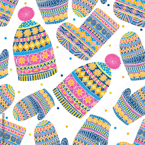 Winter clothes. Cute vector seamless pattern. 