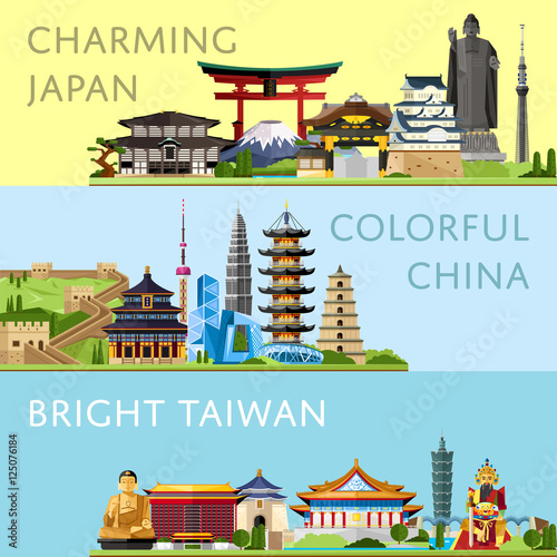 Worldwide travel horizontal flyers with famous architectural attractions. Charming Japan. Colorful China. Bright Taiwan. Discover world concept. Historical cityscape. Modern and ancient architecture