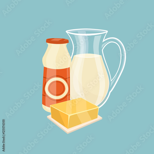 Glass jug with milk and other dairy products isolated on blue background, vector illustration. Nutritious and healthy milk products. Natural and healthy food. Organic farmers products. Dairy icon