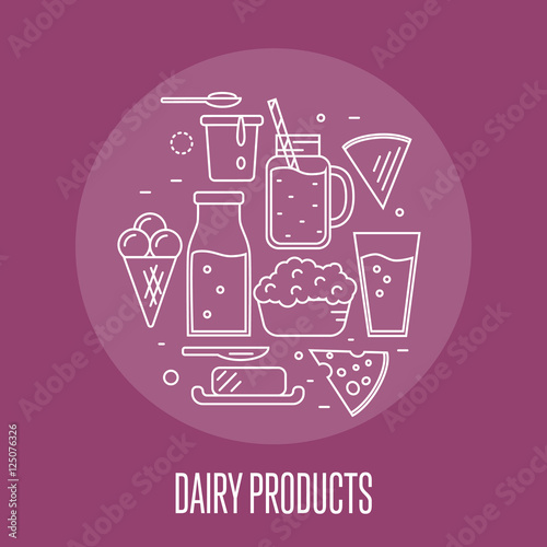 Milk products banner with round dairy assortment composition isolated on perpl background, vector illustration. Healthy nutritious concept with butter, ice cream, milk, yoghurt, cheese, kefir