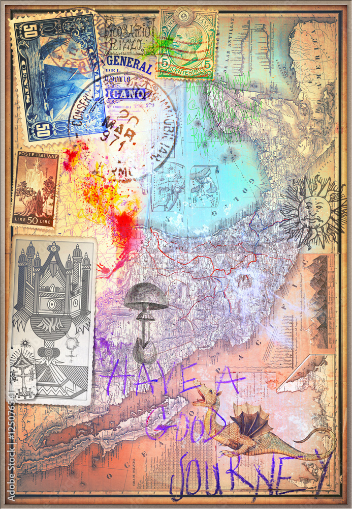 Obraz premium Old map with vintage stamps,scraps and tarots card