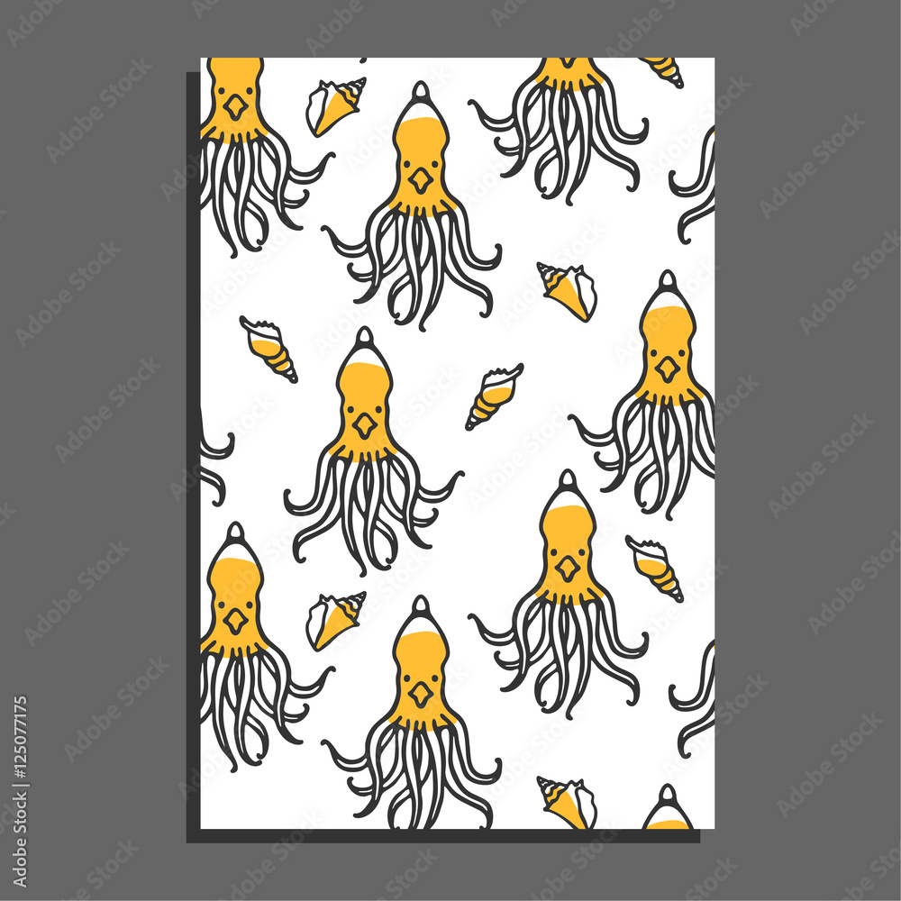 Greeting card with kraken and shells. Cute childish illustration. Background with cartoon mythical beast. Little sea monster