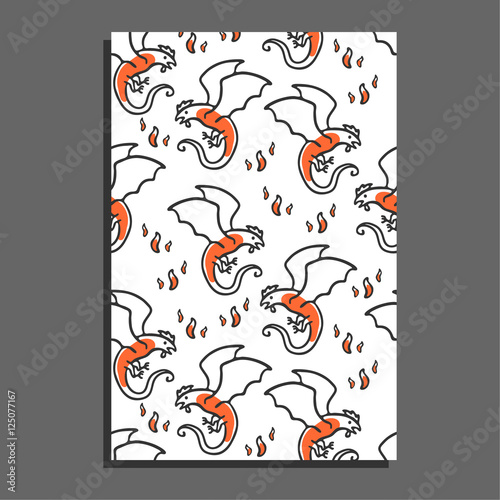 Greeting card with basilisk and flames. Cute childish illustration. Backgound with cartoon mythical beast. Rooster with wings