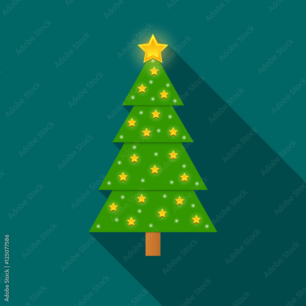 Decorated Christmas tree with long shadow on green background Decorated Christmas tree with long shadow on green background