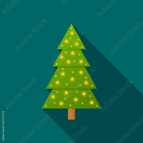 Decorated Christmas tree with long shadow on green background