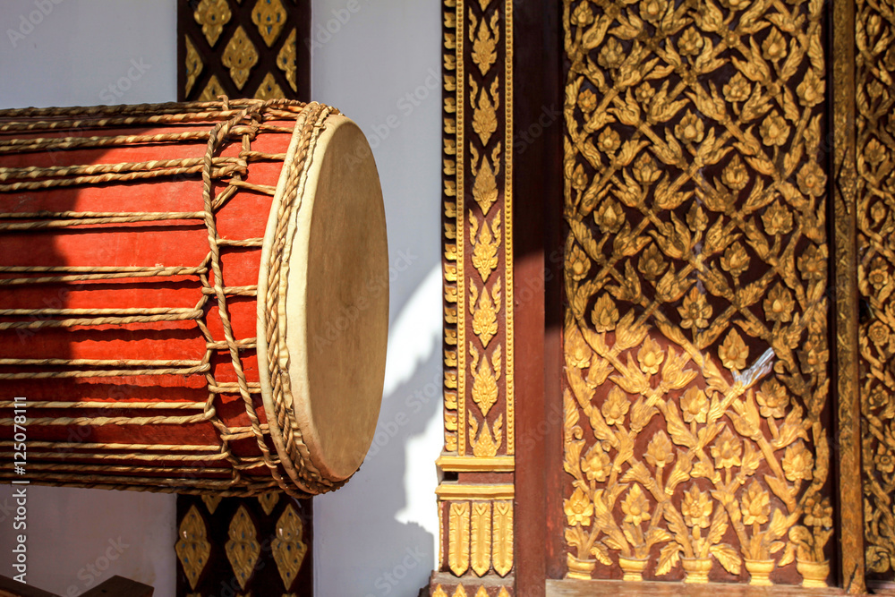 big drum musical instrument antique in Buddhist temple at North Stock ...