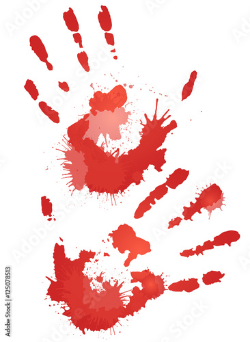 Red bloody hand prints with splashes. Vector element for your creativity