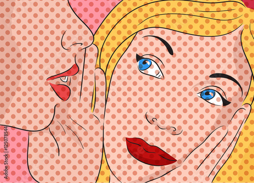 Pop art vector illustration with two gossiping girls.