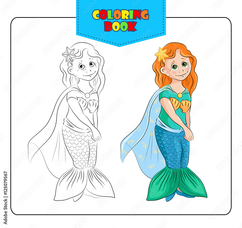 Little girl in carnival costume Mermaid. Coloring book. Outline and colored image. Vector