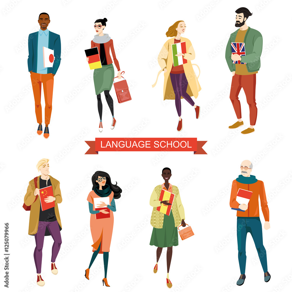 Set of vector illustrations of people studying foreign languages in cartoon style