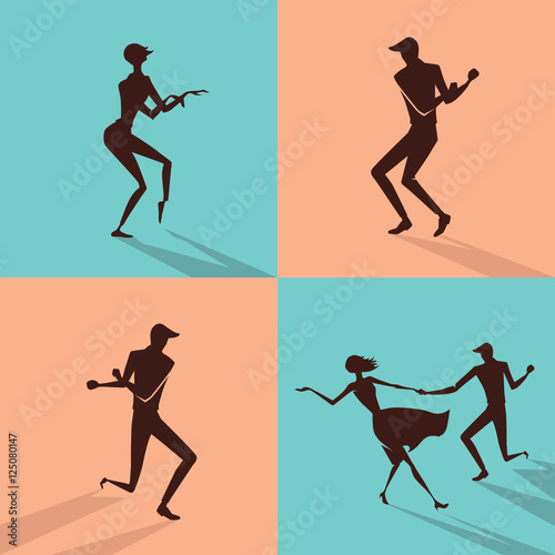 set of illustrations silhouettes dancing rock 'n' roll in retro styles


