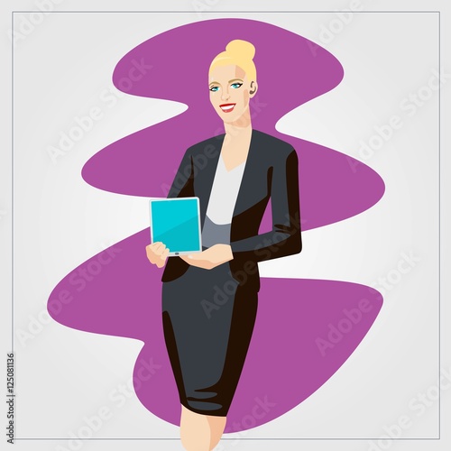 Flat vector illustration with woman showing tablet